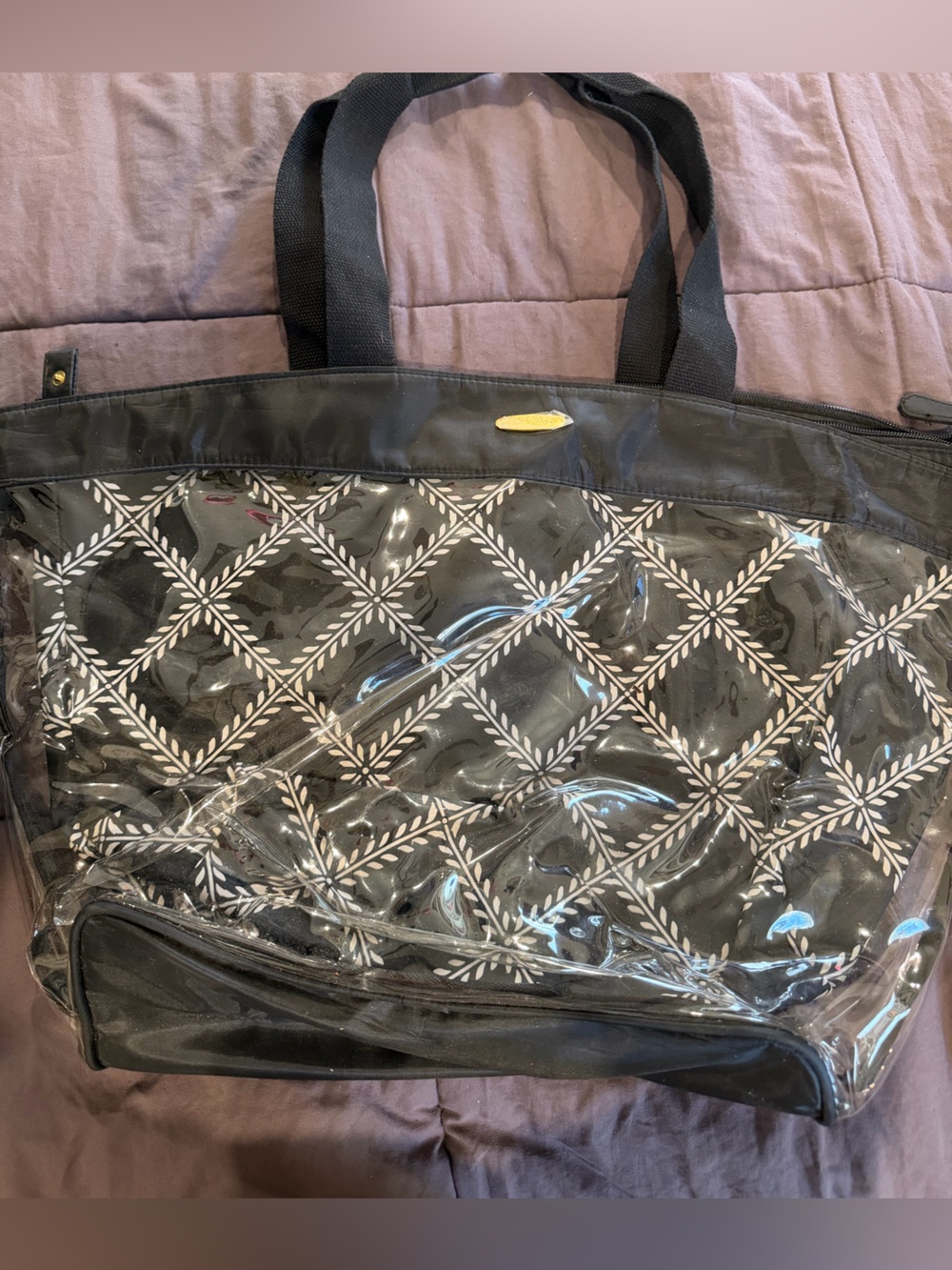 Clear Vinyl Tote Bag with navy blue & White Lattice Pattern